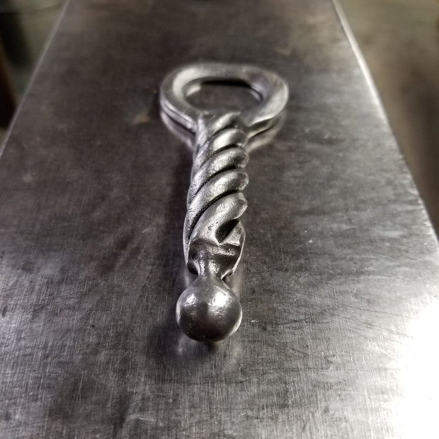 Handcrafted Forged Bottle Opener with Twist Handle and Ball