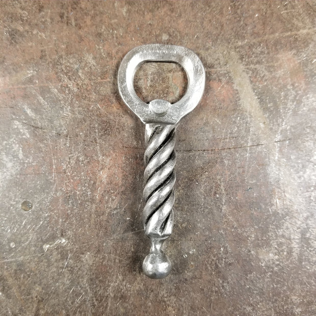 Handcrafted Forged Bottle Opener with Twist Handle and Ball